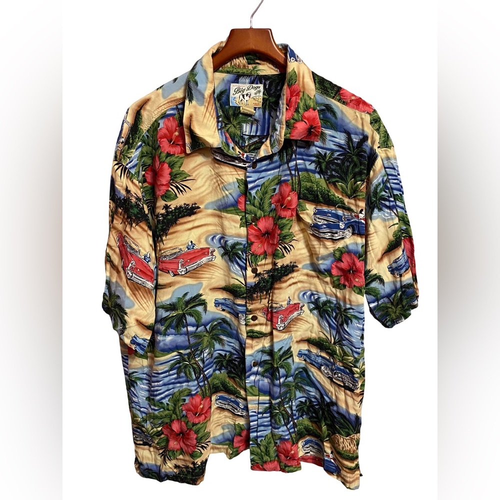 Vintage Big Dogs Short Sleeve Shirt Mens 2XL Hawaiian Classic Cars Aloha Rayon